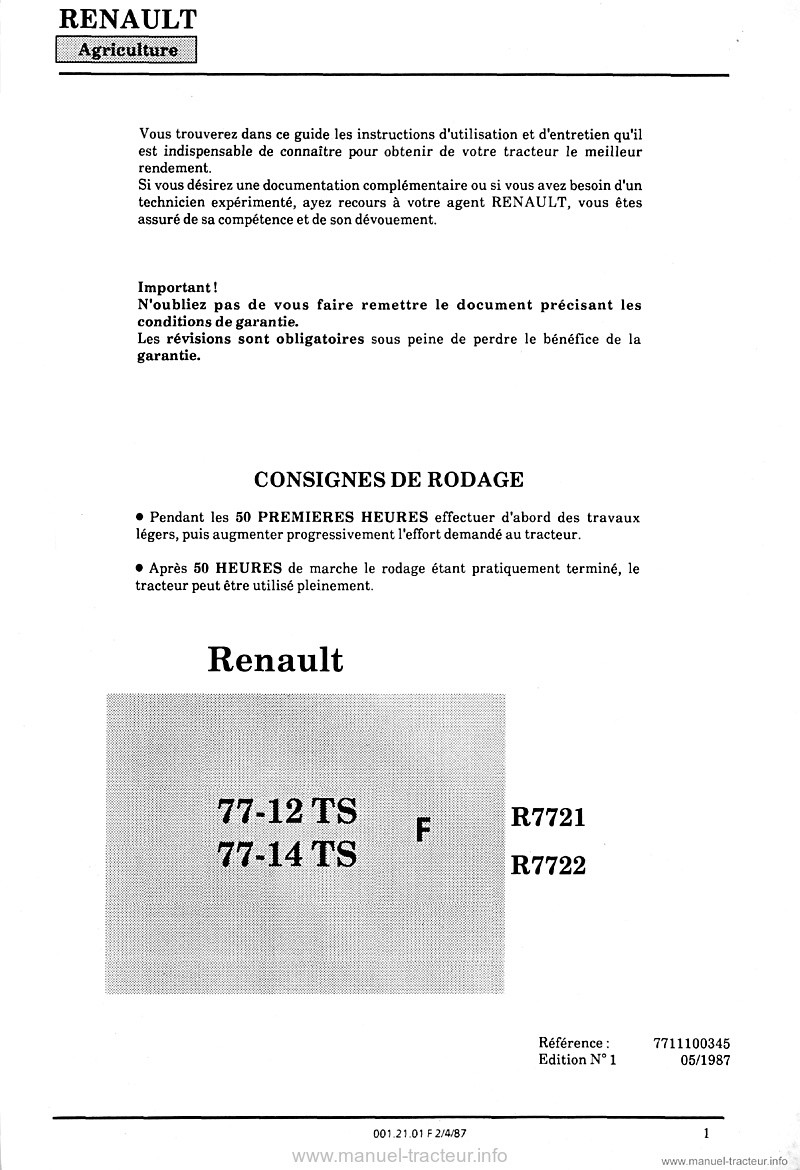 Première page du Guide instruction Renault 77-12 77-14 TS