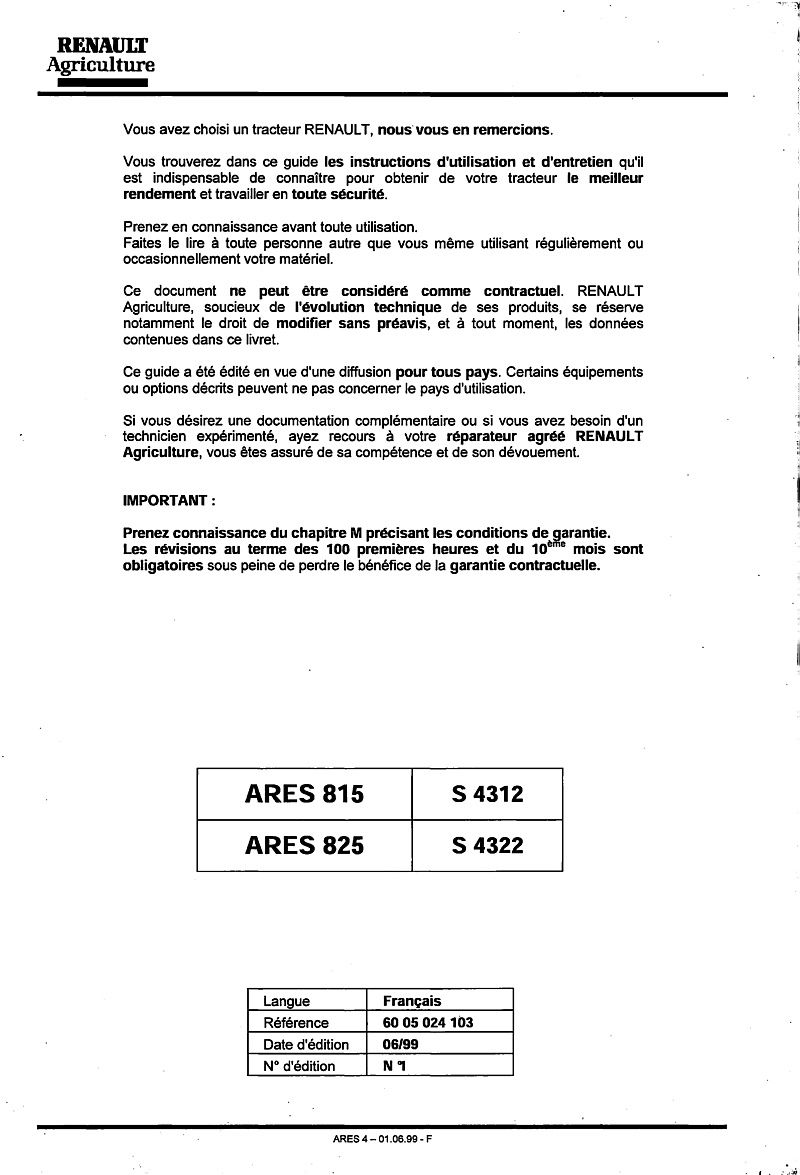 Deuxième page du Guide d'instructions pour le tracteur Renault ARES 815 825