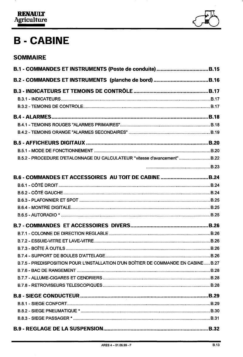 Sixième page du Guide d'instructions pour le tracteur Renault ARES 815 825