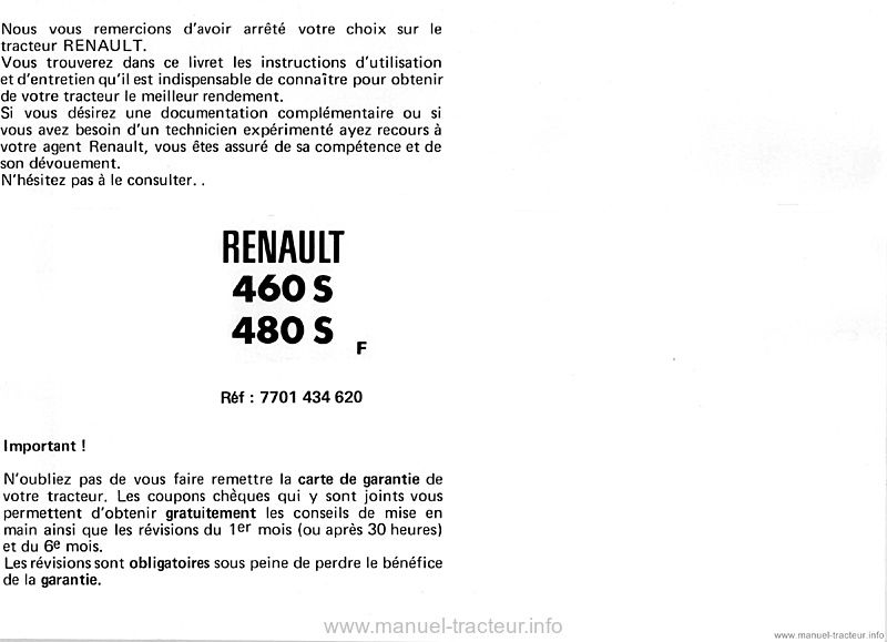 Deuxième page du Livret entretien Renault 460s 480s
