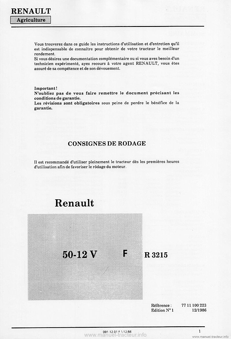 Deuxième page du Livret d'entretien et d'utilisation Renault 50-12V