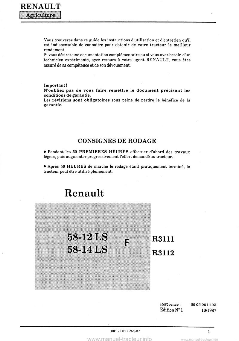 Première page du Livret entretien Renault 58-12LS 58-14LS