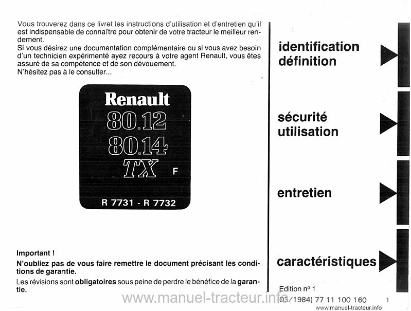 Deuxième page du Livret entretien Renault 80.12 80.14 TX