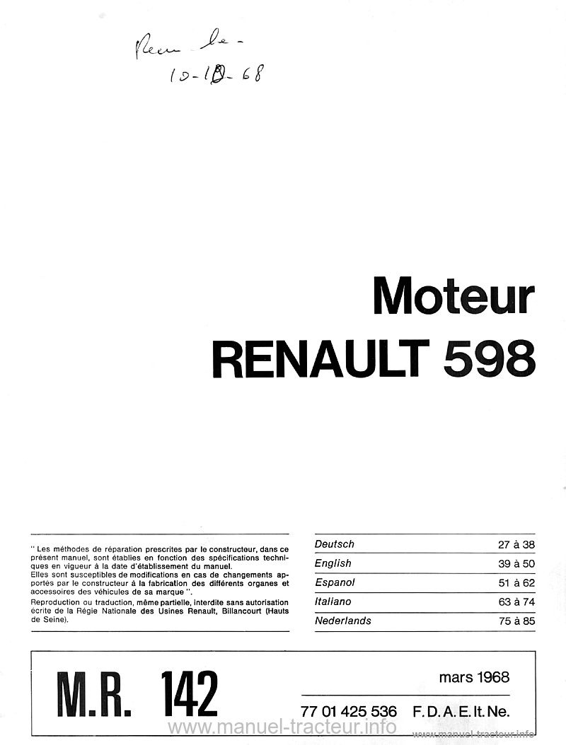 Deuxième page du Manuel réparation moteur Renault 598