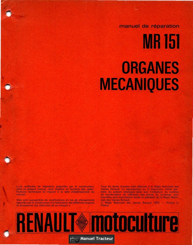 Première page du Manuel Réparation tracteur Renault MR151