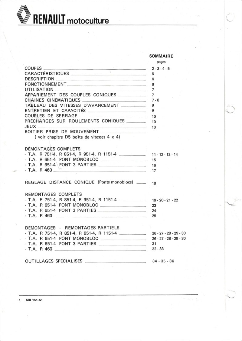 Cinquième page du Manuel Réparation tracteur Renault MR151