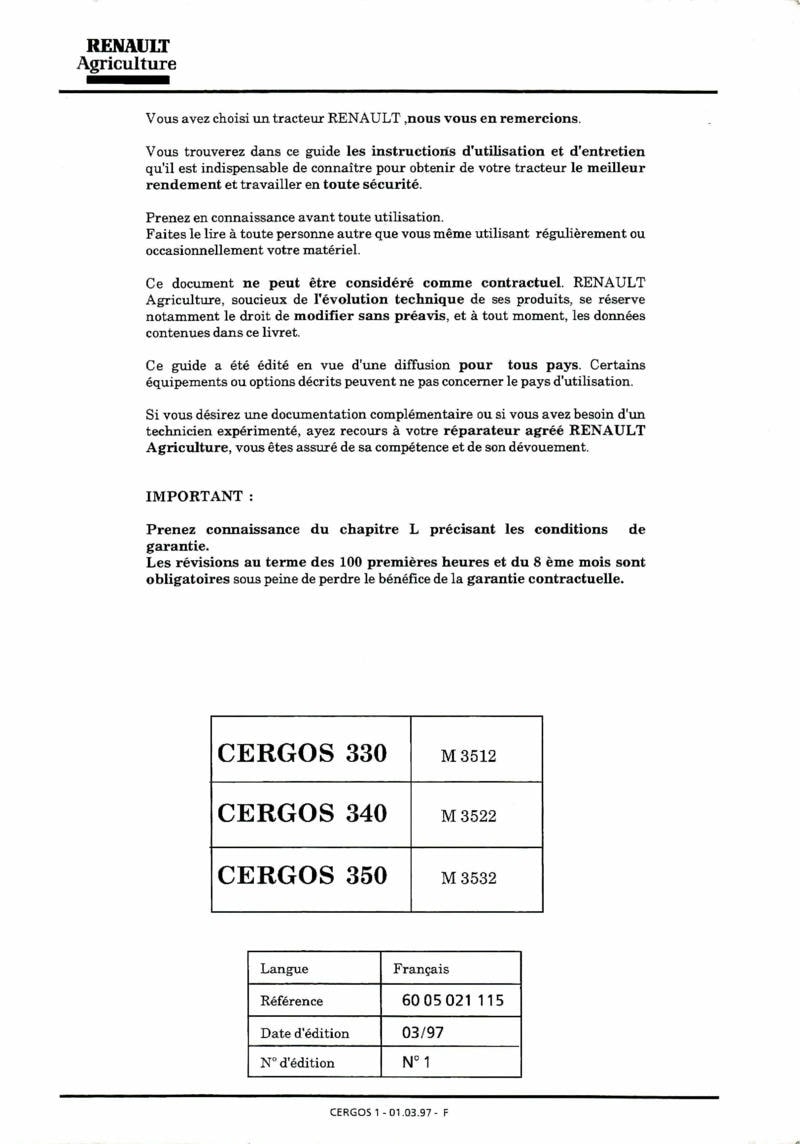 Deuxième page du Notice d'utilisation et d'entretien tracteurs Renault Cergos 330 340 350