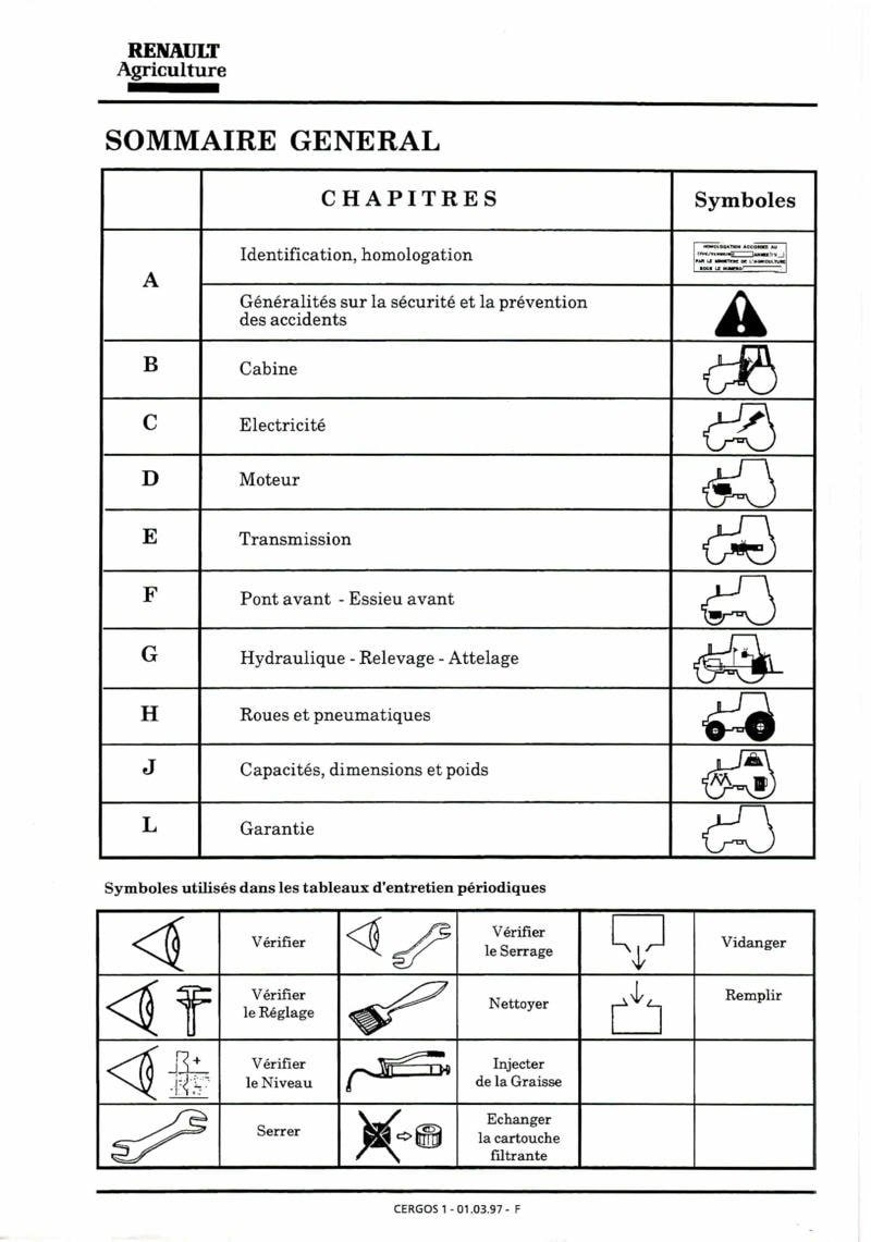 Troisième page du Notice d'utilisation et d'entretien tracteurs Renault Cergos 330 340 350