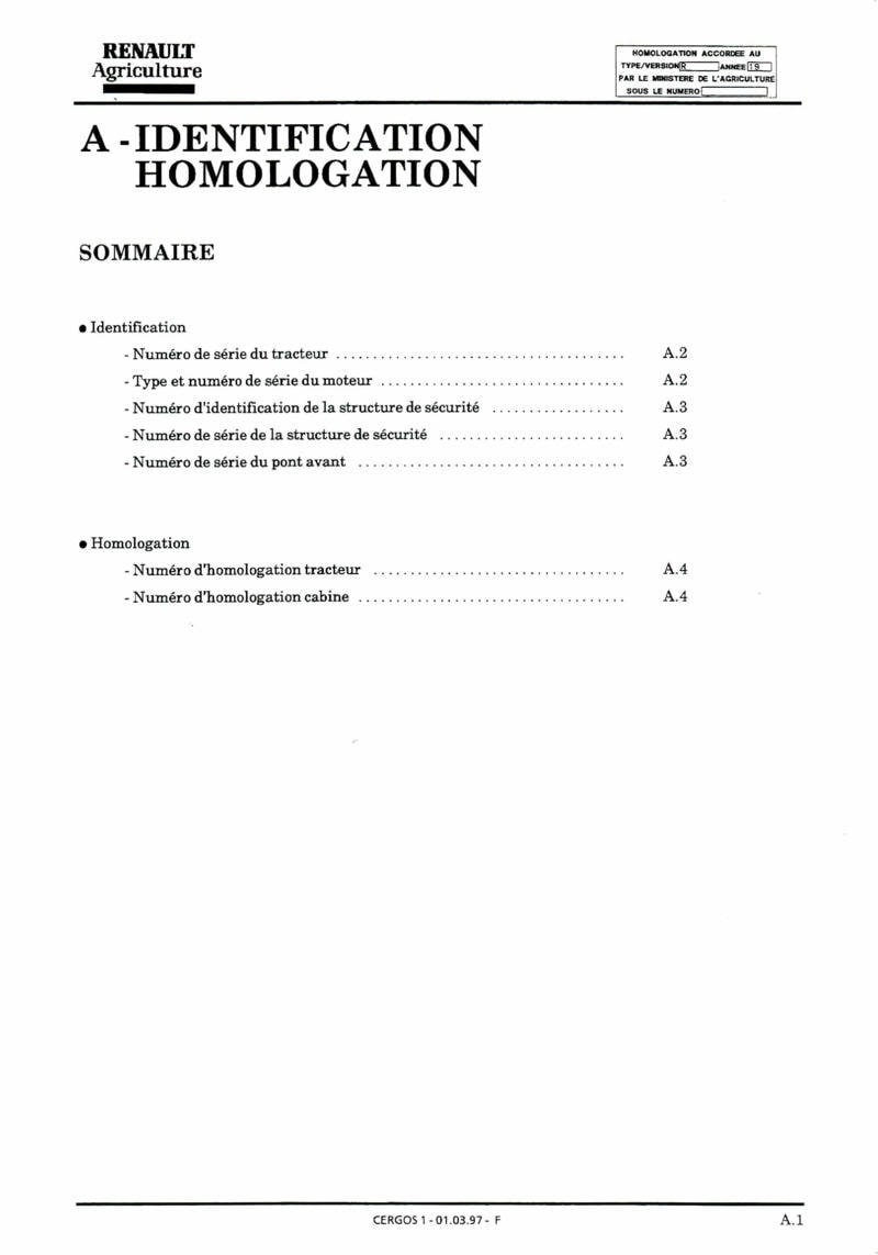 Quatrième page du Notice d'utilisation et d'entretien tracteurs Renault Cergos 330 340 350