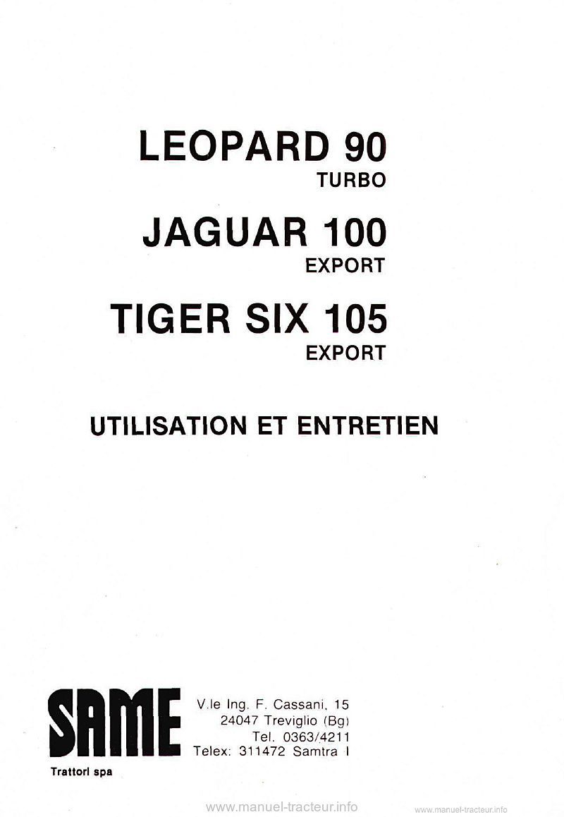 Première page du Notice entretien Same LEOPARD 90 Turbo JAGUAR 100 Export TIGER SIX 105 Export