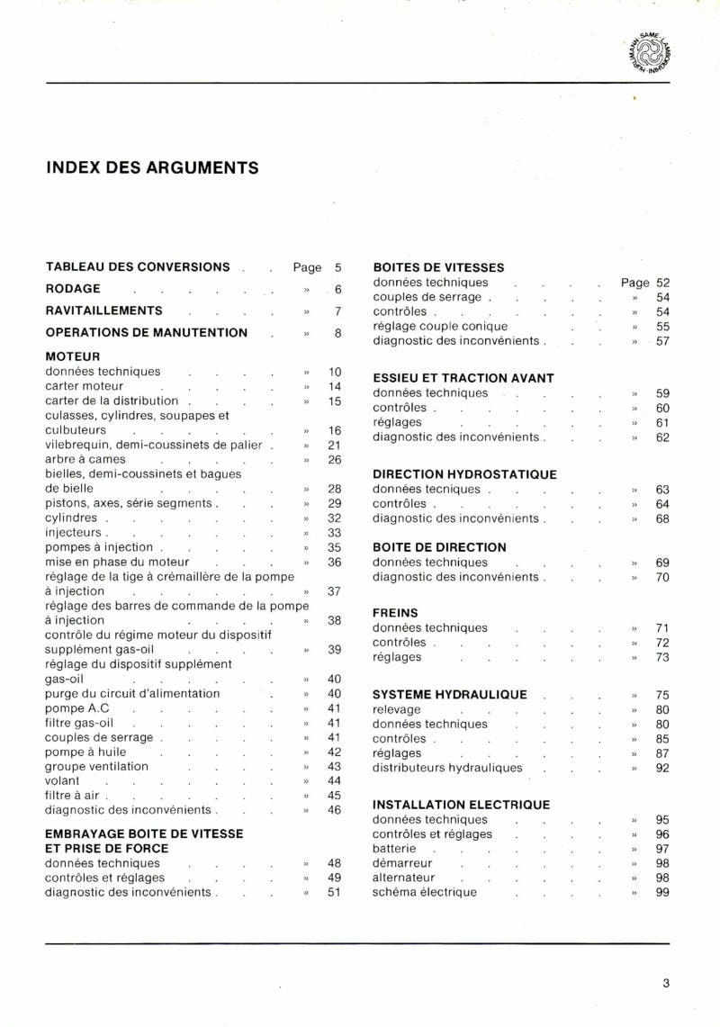 Deuxième page du Manuel atelier tracteurs Same Solar 50 60