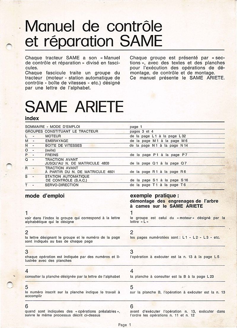 Première page du Manuel de contrôle et de réparation tracteur Same ARIETE