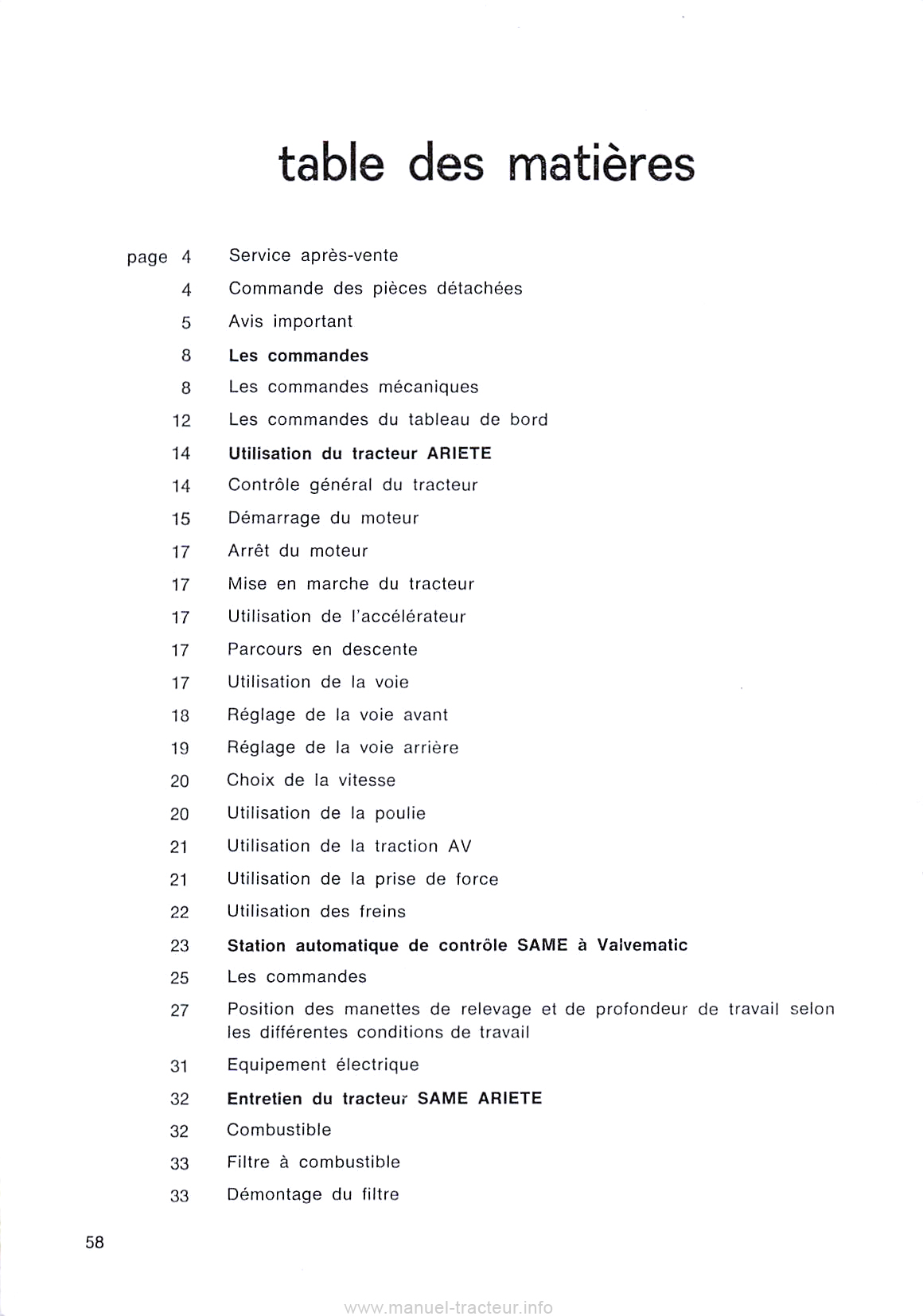 Cinquième page du Livret entretien tracteur Same Ariete