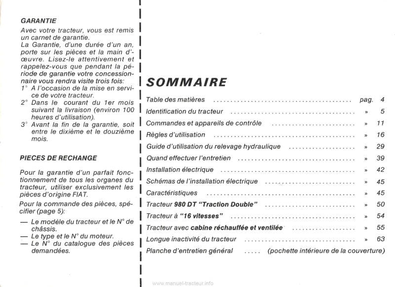 Page 1 du sommaire - Notice d'entretien tracteur Someca Fiat 980