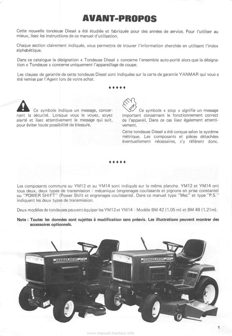 Deuxième page du Manuel utilisation tondeuse Yanmar YM12 YM14