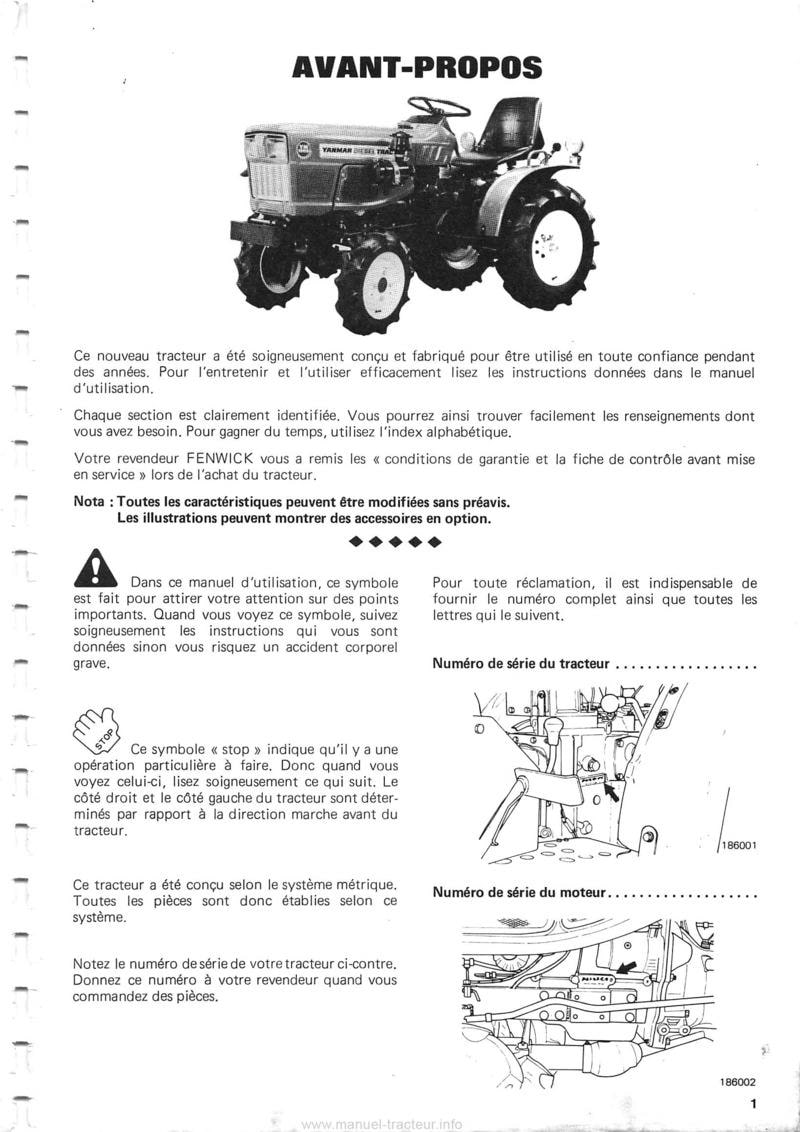 Première page du Manuel utilisation Yanmar YM186 YM186D