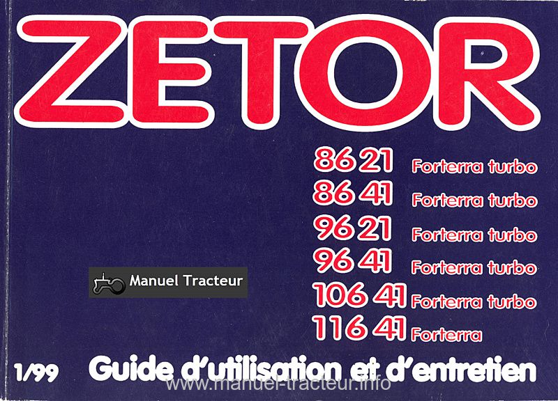Première page du Guide d'entretien et d'utilisation Zetor 8621 8641 9621 8641 10641 11641