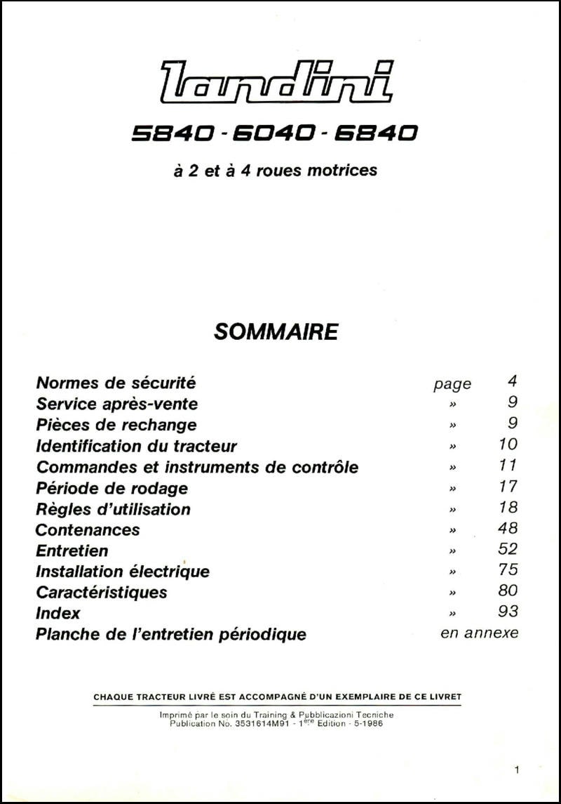 Deuxième page du Livret entretien tracteurs Landini 5840 6040 6840