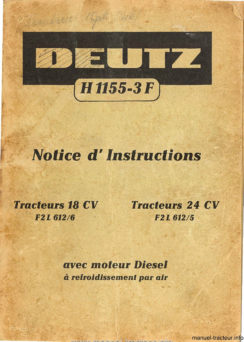 Première page du Notice d'instructions tracteur Diesel DEUTZ 18ch et 24 ch