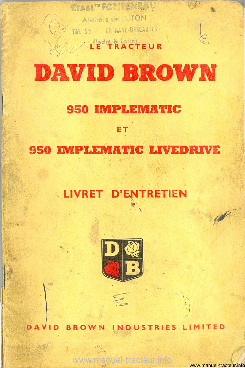 Première page du Livret d'instructions tracteurs David Brown 950 Implematic / LiveDrive