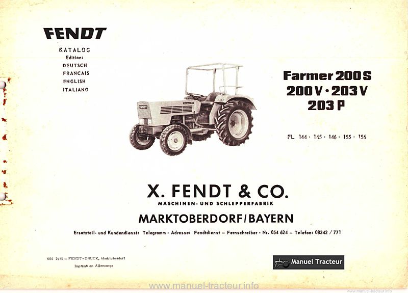 Première page du Catalogue pièces détachées tracteurs Fendt Farmer 200S 200V 203V 203P