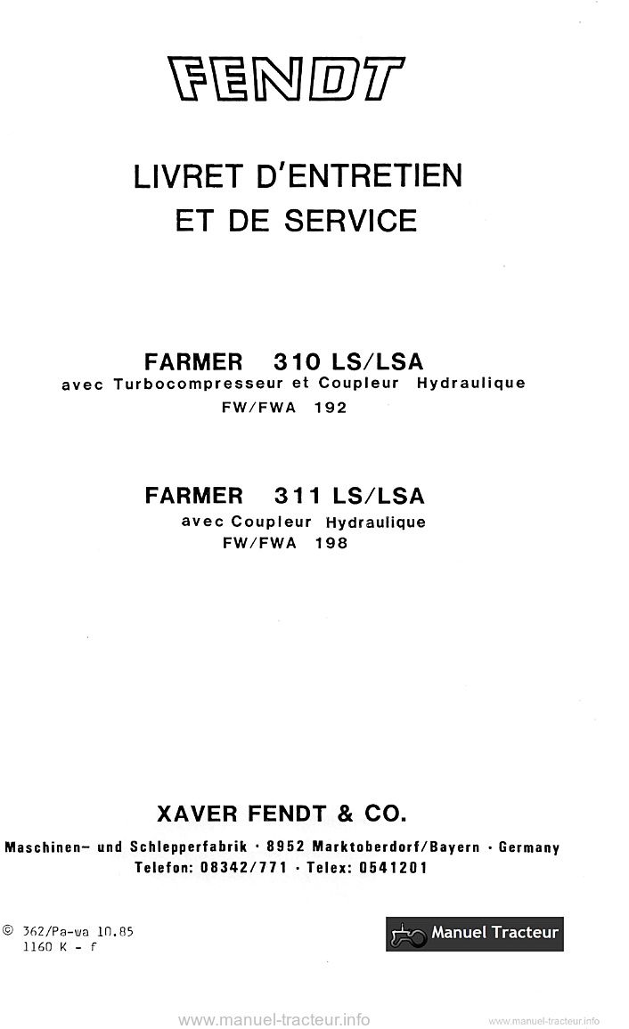 Première page du Livret Instructions Fendt Farmer 310 311 LS LSA