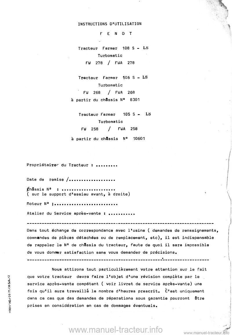 Deuxième page du Livret instructions Fendt Farmer 105 106 108 S-LS