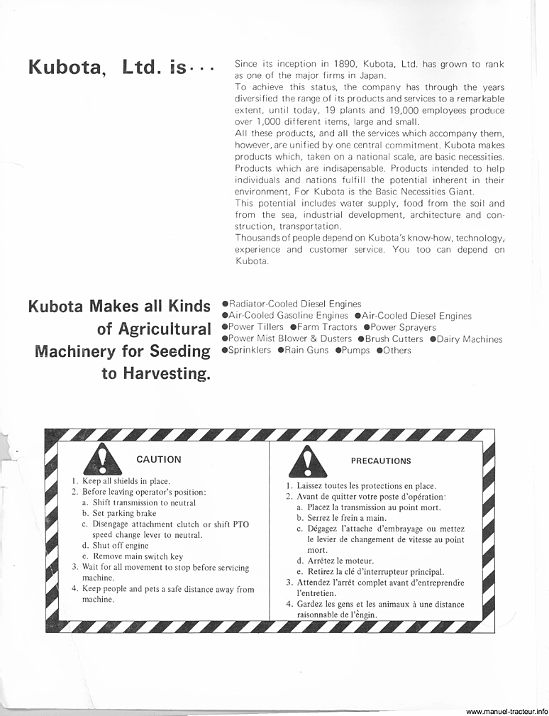 Deuxième page du Manuel utilisateur KUBOTA Modèle B5100D-E B6100D-E B7100D
