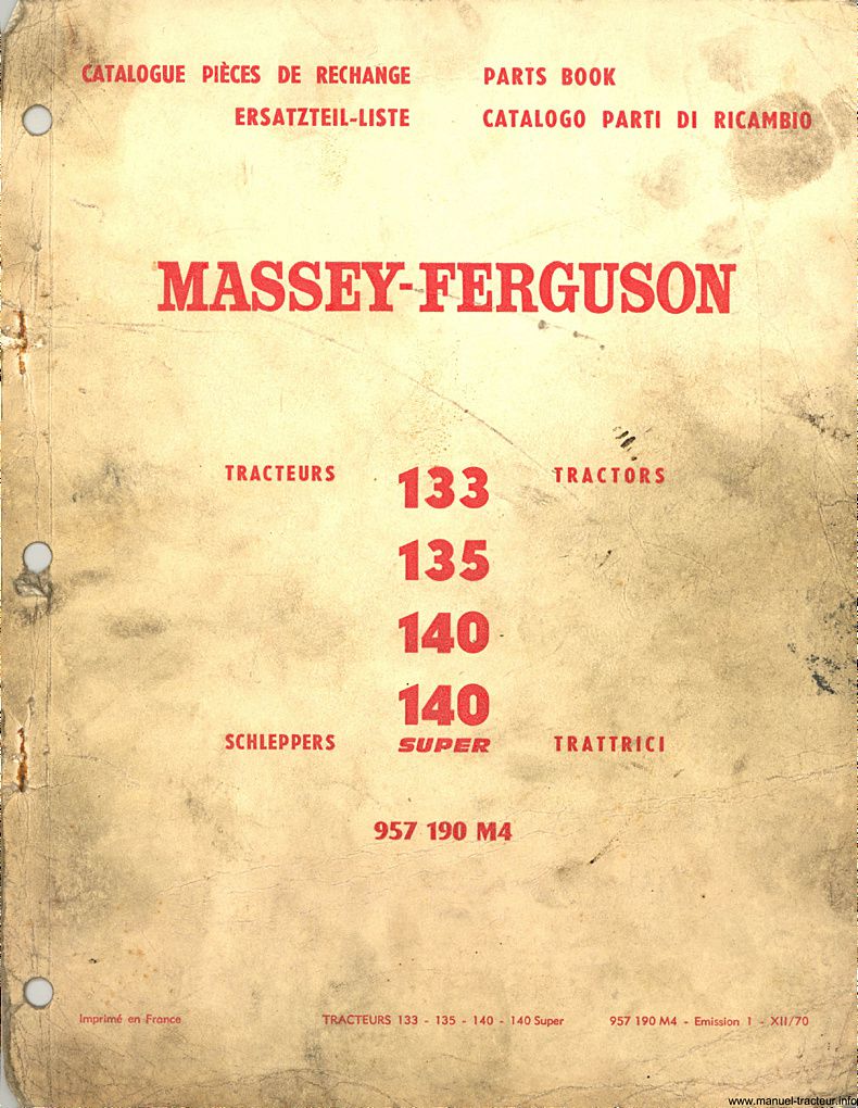 Première page du Catalogue pièces rechange  MASSEY FERGUSON MF 133 135 140 140 super