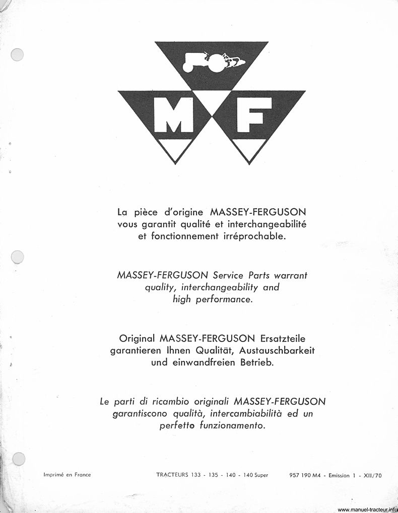 Deuxième page du Catalogue pièces rechange  MASSEY FERGUSON MF 133 135 140 140 super