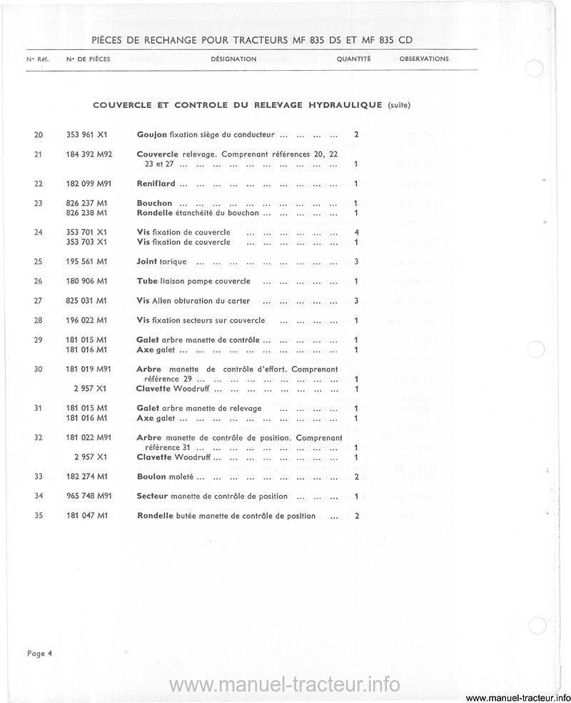 Cinquième page du Catalogue pièces rechange MASSEY FERGUSON MF 835 DS CD