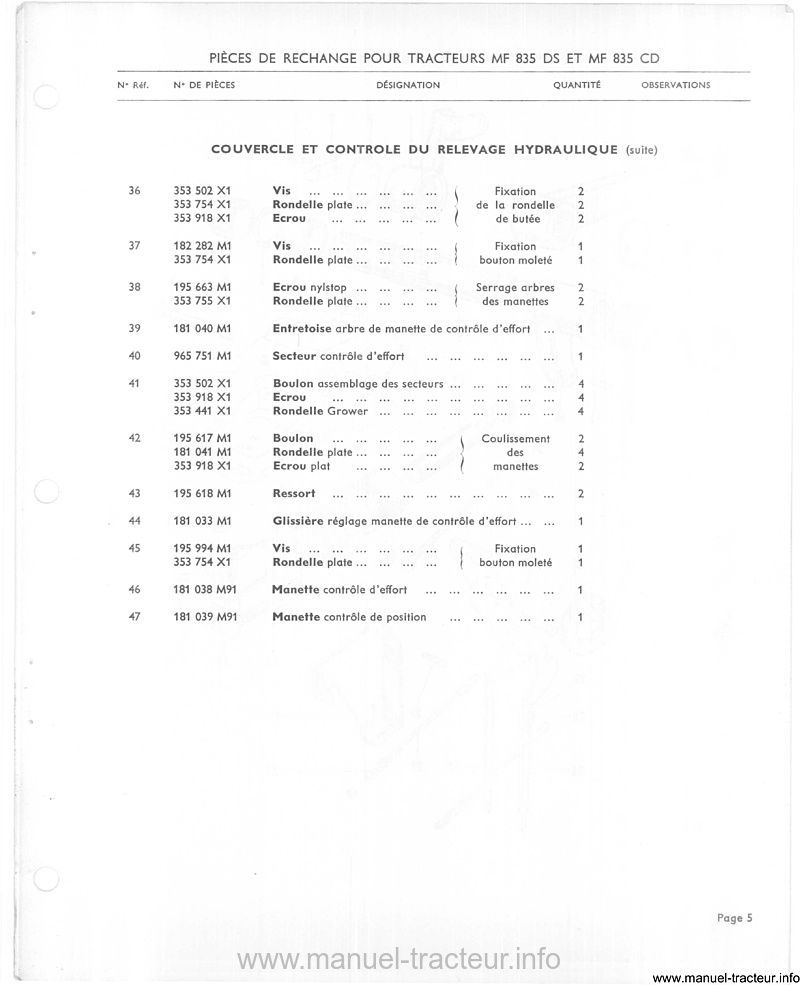 Sixième page du Catalogue pièces rechange MASSEY FERGUSON MF 835 DS CD