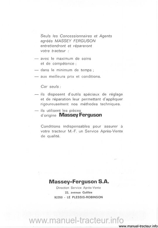 Quatrième page du Livret entretien MASSEY FERGUSON MF 133 135 148 152 Mark III