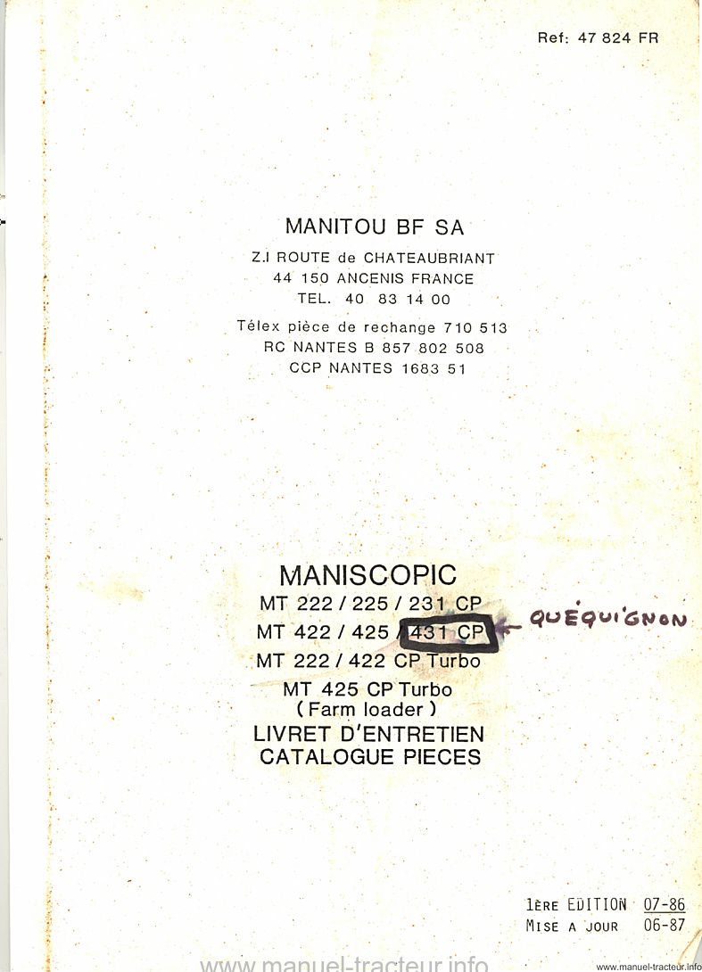 Troisième page du Livret entretien catalogue pièces détachées MANISCOPIC MANITOU