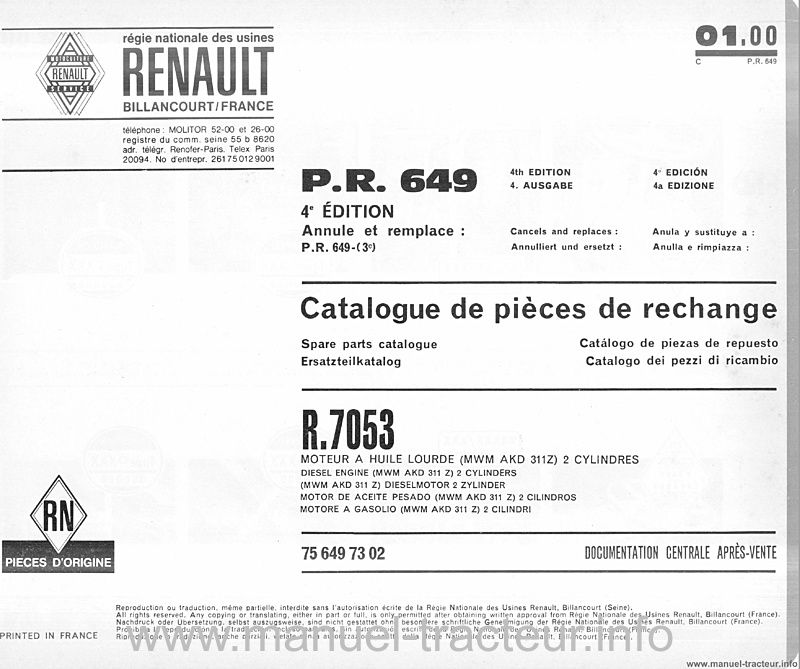 Quatrième page du Catalogue pièces détachées RENAULT 7053 PR649