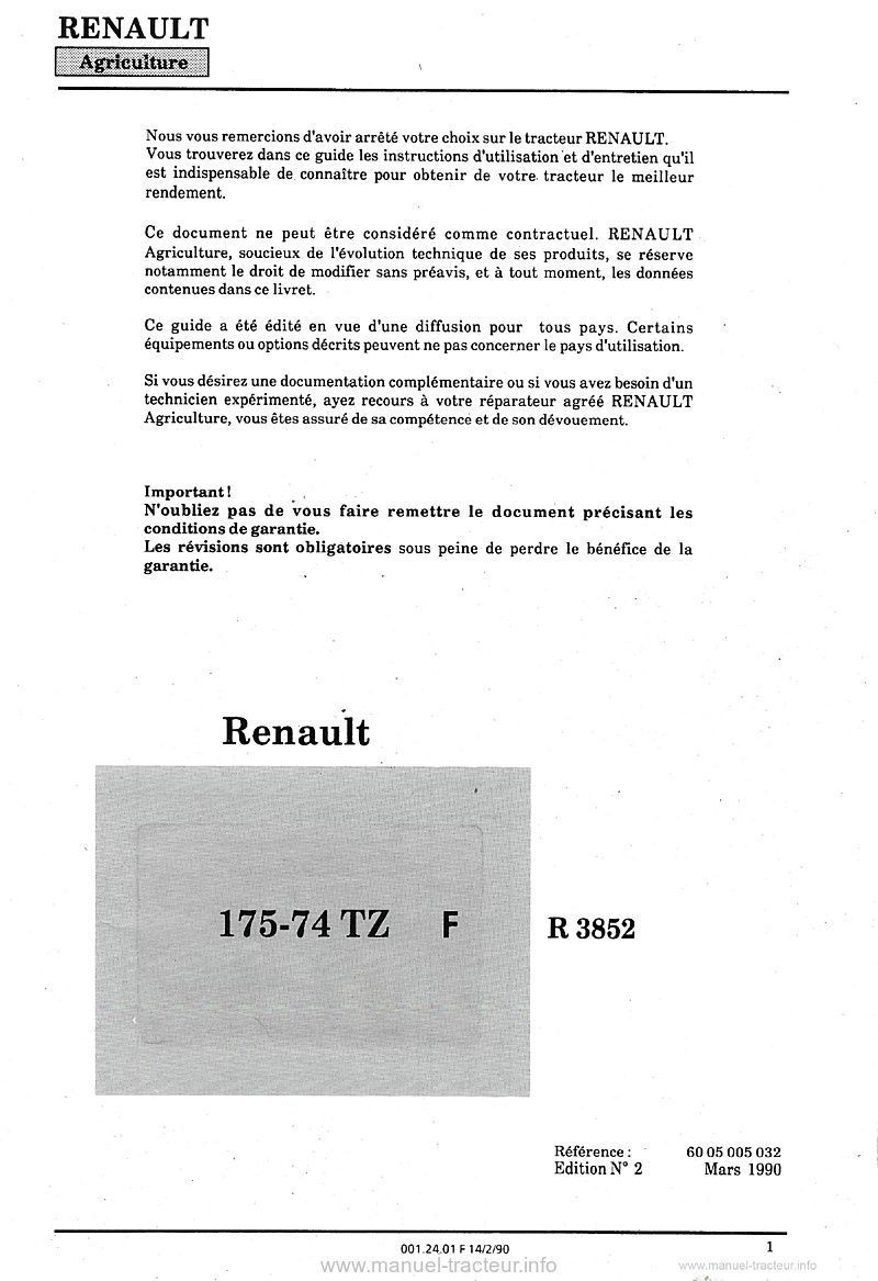 Première page du Guide entretien Renault 175-74TZ