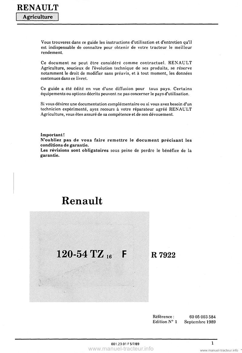 Première page du Guide entretien Renault 120-54 TZ16 tz 16