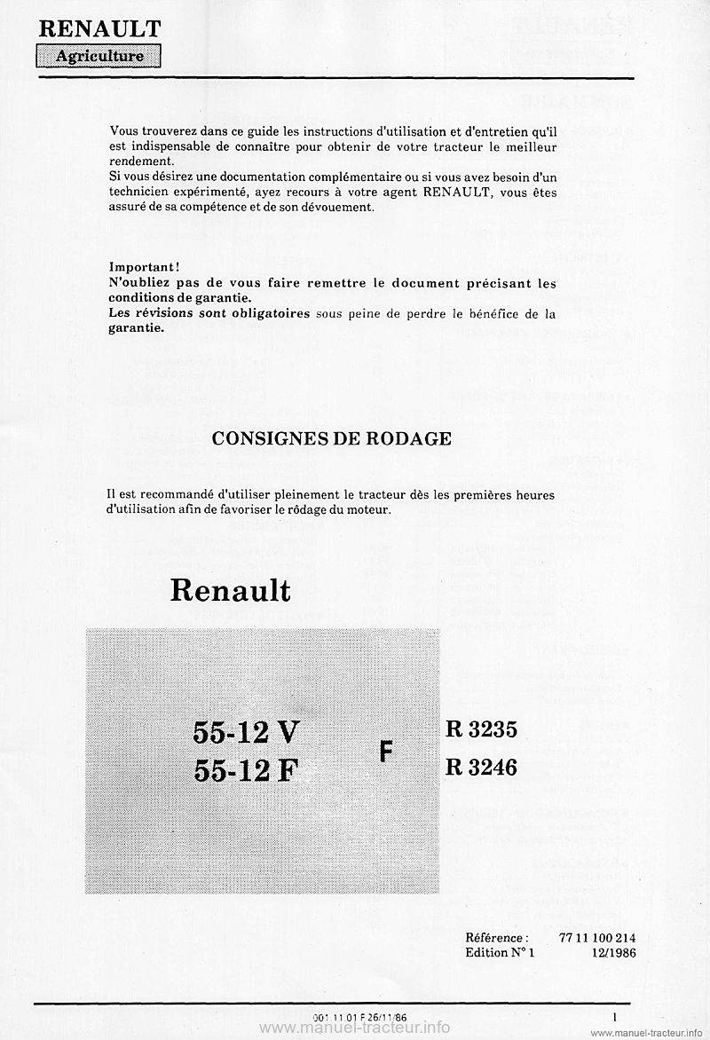 Deuxième page du Livret d'entretien et d'utilisation Renault 55-12VF