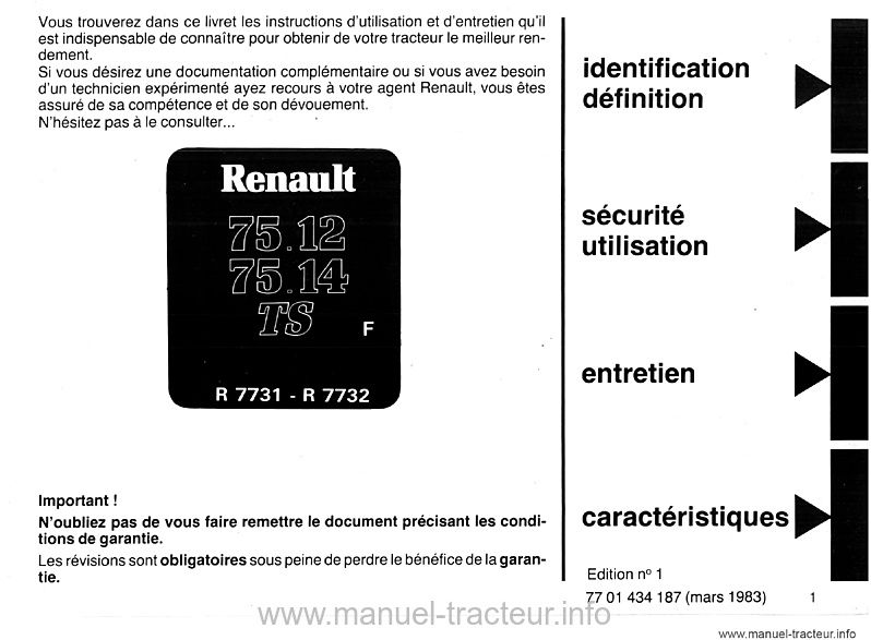 Deuxième page du Livret entretien Renault 75.12 75.14 TS