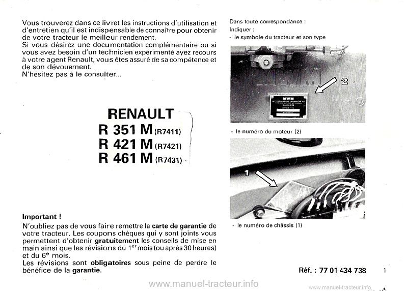 Deuxième page du Livret d'instructions tracteurs Renault R 351M 421M 461M