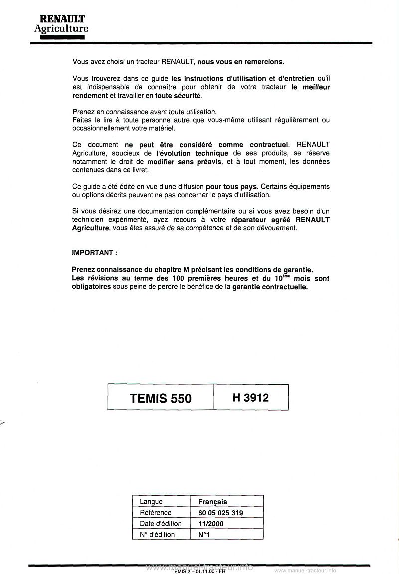 Première page du Notice entretien Renault TEMIS 550
