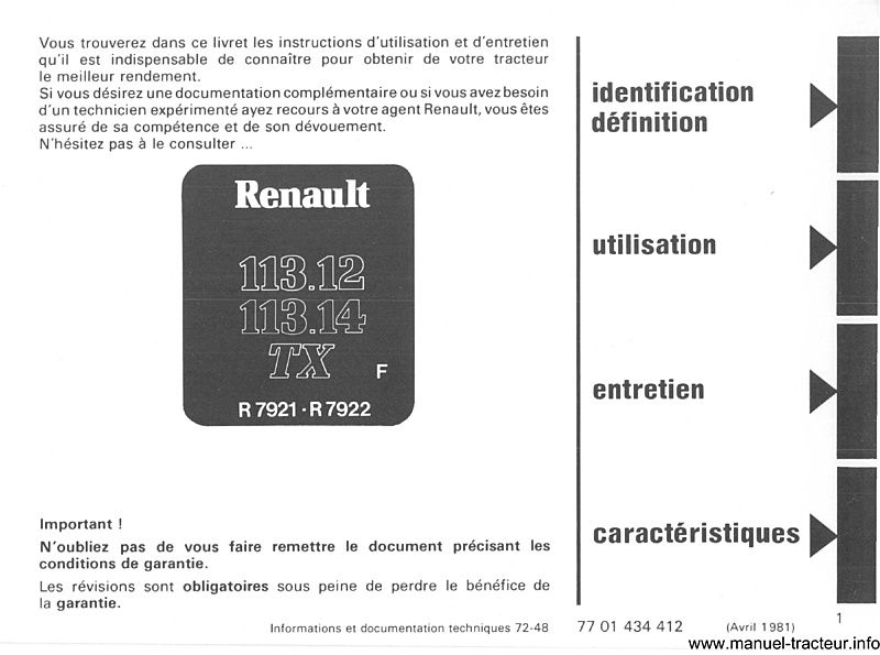 Deuxième page du Livret entretien utilisation RENAULT 113-12 113-14 TX