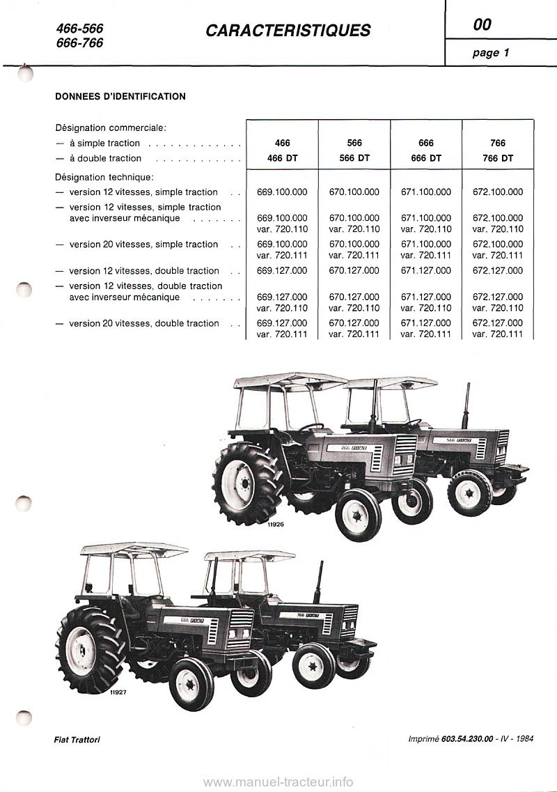 Caractéristiques tracteurs Fiat 466 566 666 766 DT